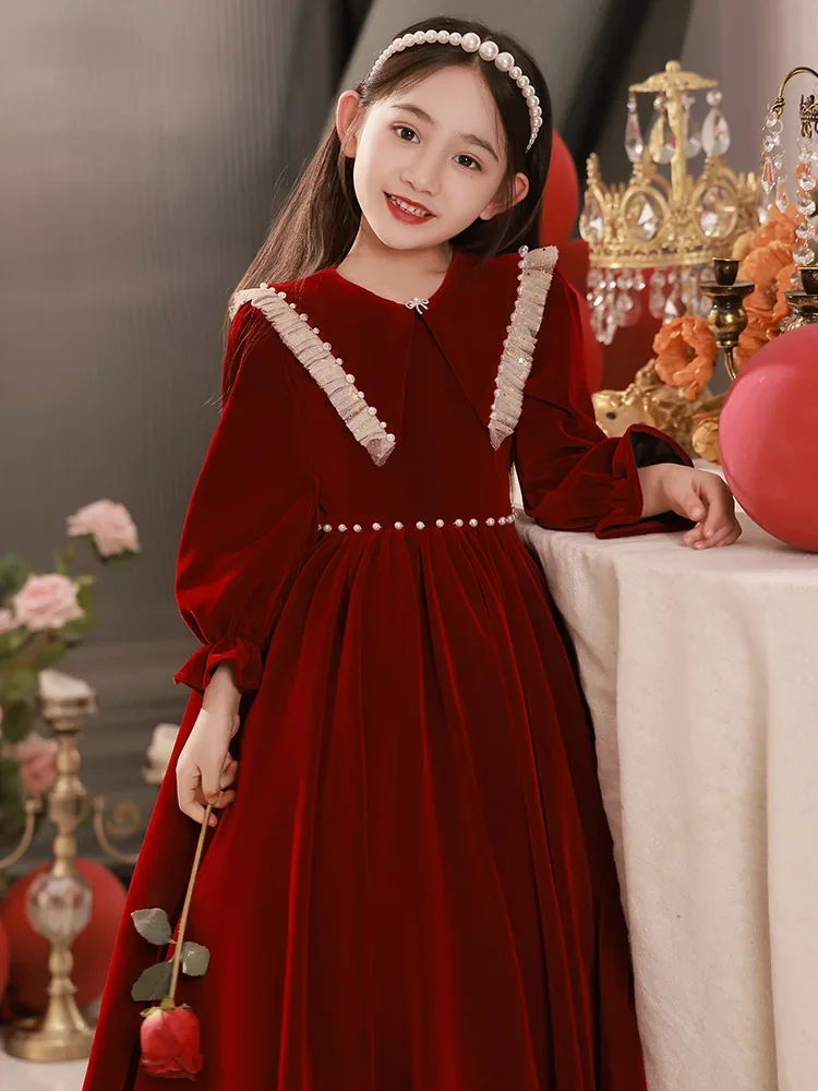 Teenmiro Designer Christmas Party Dress for Girls Kids Wine Red Beading Velvet Dresses Children Elegant Vintage Ball Gowns