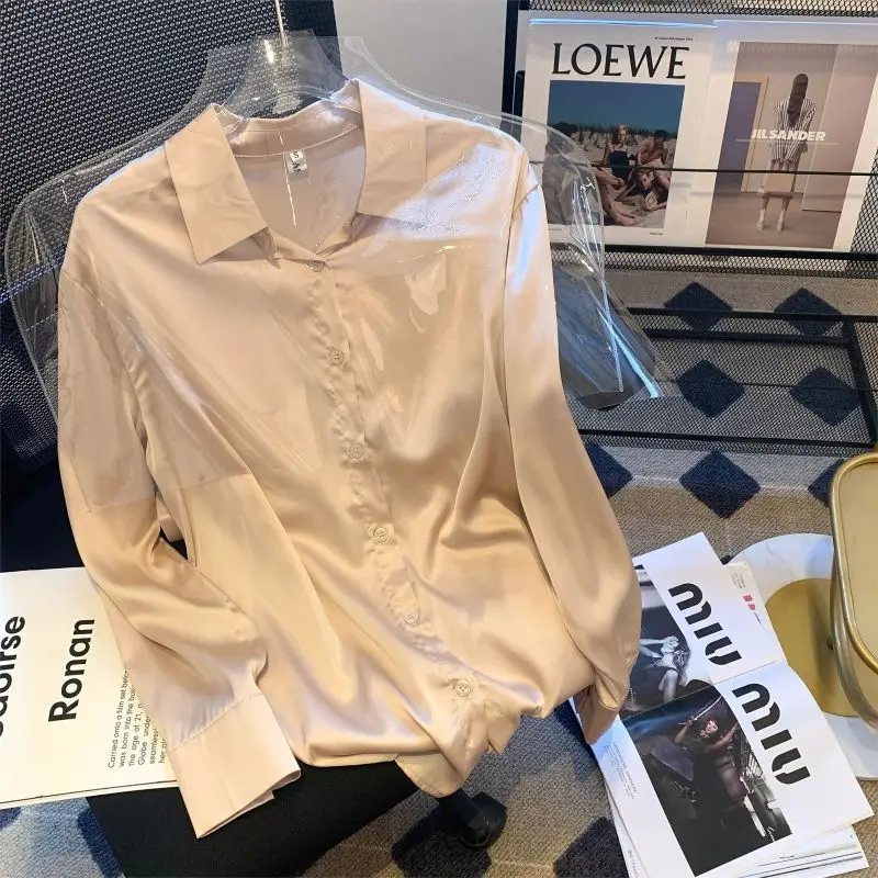 2024 New Summer Simplicity Elegant Fashion High Waist Women's Shirt Solid Color Loose Folds Button Lapels Long Sleeve Y2K Tops