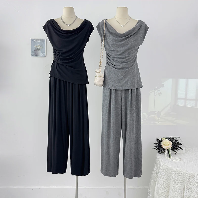 

Women Summer Suits Elegant Round Neck Short Sleeve Pleated T-shirts And High Waist Loose Trousers Leisure 2pcs Set Female