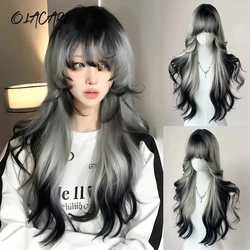 LM-pelucas de Cosplay onduladas de cuerpo largo para mujer, color negro y gris, ombré, pelucas sintéticas resistentes al calor, flequillo, pelucas naturales de Lolita para Halloween