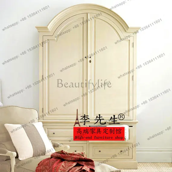 

French solid wood retro two-door arched wardrobe European drawer high-end wardrobe