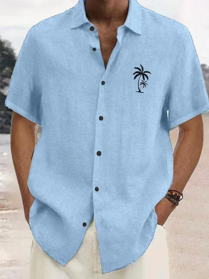 Men's Simple and Fashionable Coconut Tree 3D Printed Lapel Button Short-sleeved Shirt Loose Hawaiian Beach Casual Outdoor Top