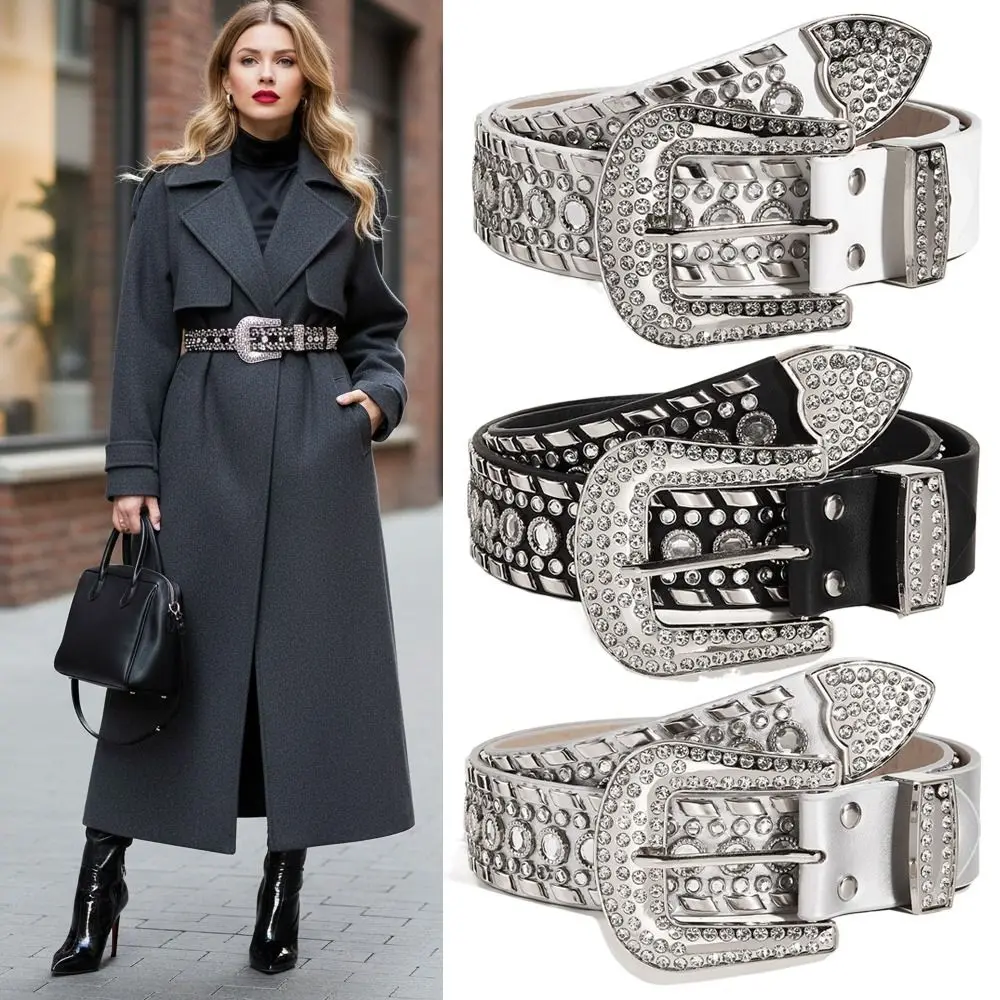 

Ремень с блестящими стразами и заклепками, дизайнерский, люксовый, с пряжкой-шпилькой, универсальный, повседневный, из искусственной кожи