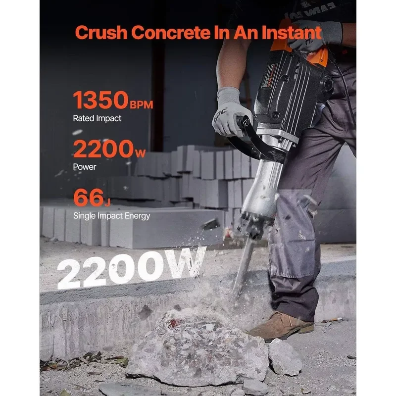 Heavy 2200W Electric Jackhammer 1350 BPM Concrete Breaker 6pcs Chisels Bit with Chipping Case Demolition Power Drill