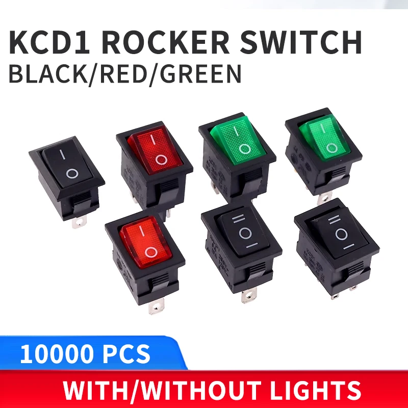 100pcs KCD1 4Pin 2Pin 3Pin 21*15mm ON-OFF Black Boat Car Rocker Switch 6A/250V 10A/125V AC With Red Green Light Switch