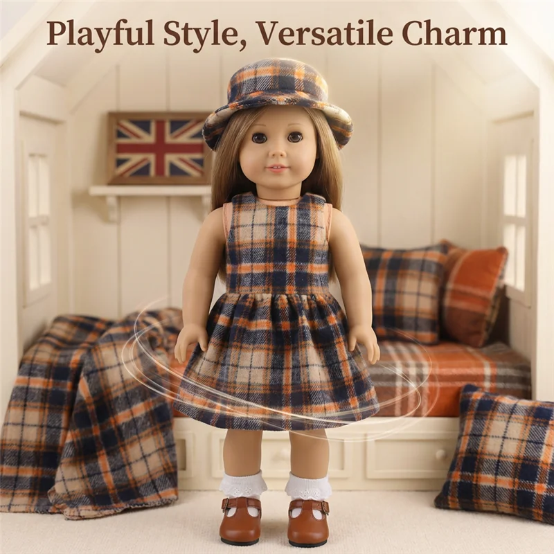 18inch American Girl Doll Outfits Clothes British Style Checkered Skirt Dress Set 43cm Baby Reborn Doll Dolls Clothing Gift