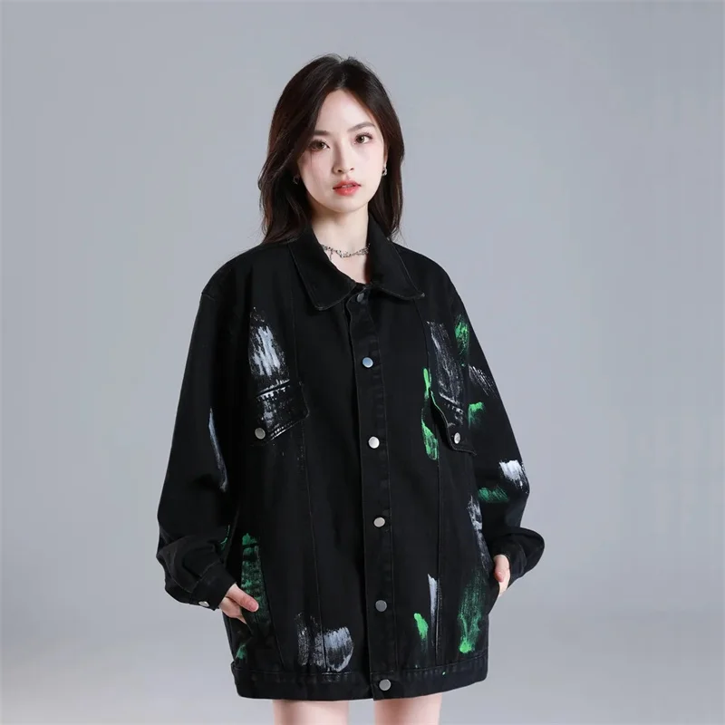 Hong Kong Style Retro Black Denim Jacket 2024 Spring Autumn New Design Sense Graffiti Jacket Loose and Versatile top for Women