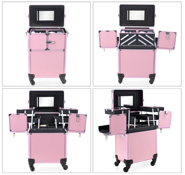 Black Pink Lock and Compartments Professional Adjustable Beauty Makeup Cosmetic Train Cases