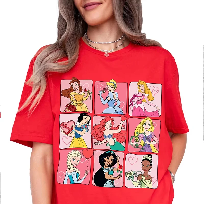 رائجة البيع 2025 ديزني الأميرة عيد الحب مطبوعة المرأة تي شيرت القطن الخالص قصيرة الأكمام رداء علوي غير رسمي هدية عيد