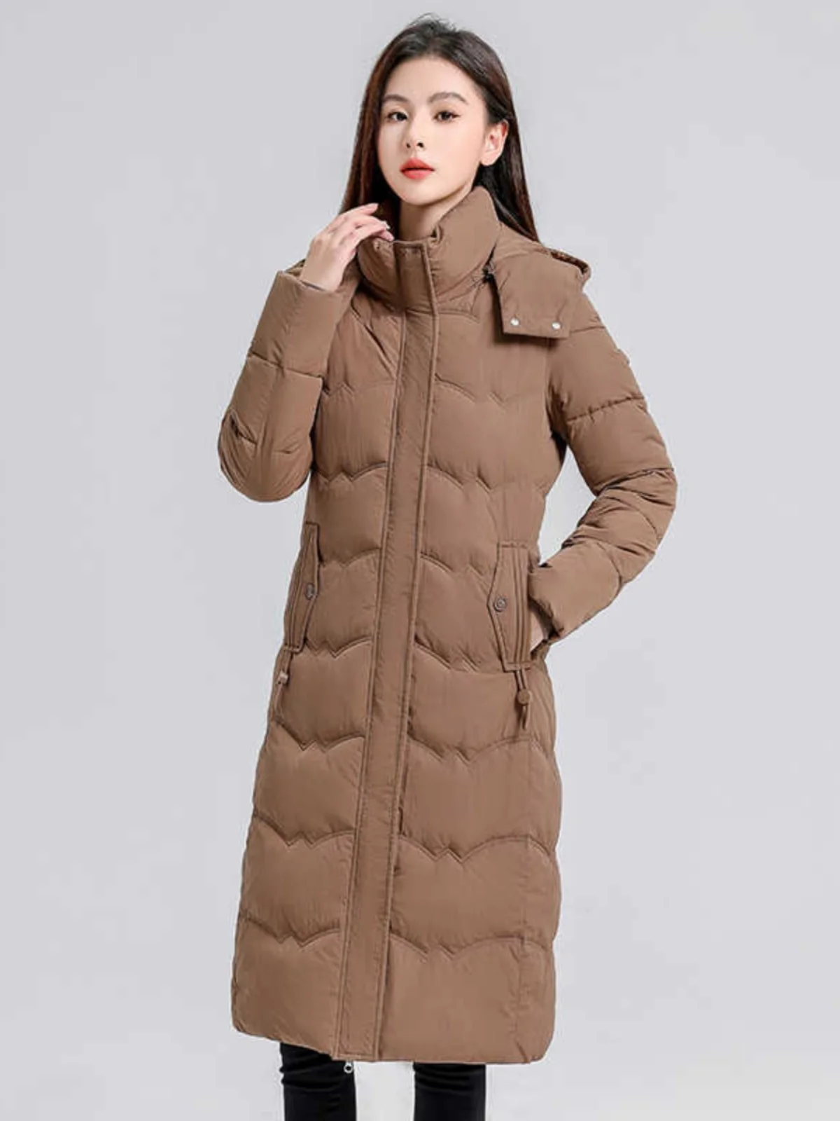 

Зимнее утепленное длинное пуховое пальто из хлопка для женщин, приталенное, до колен, со съемным капюшоном, на молнии, для повседневной носки