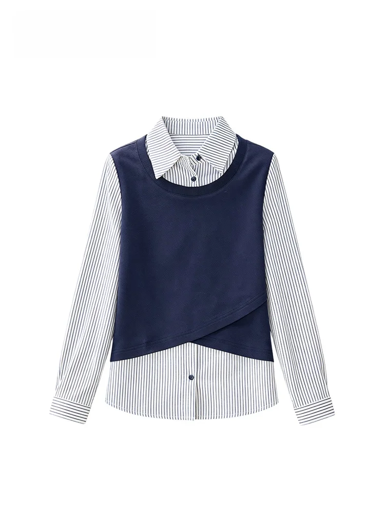 

plus Size Women's Knitwear Long Sve Striped Casual Sle Winter New Arrival College Sle Faux Two-Piece Top for Plump Sister