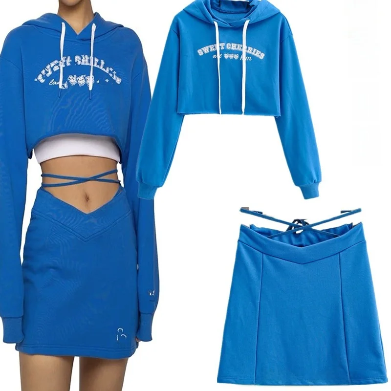 

Hot Girl Hoodie with Rope Crossed Letter Embroidery Design Slimming Effect plus Side Split Skirt Set Casual Sle