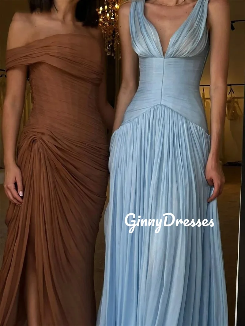 Abito da sera di lusso Dubai Profondo scollo a V Personalizzato A-Line Abiti da sera lunghi fino al pavimento Donna Elegante abito da ballo con cerniera con volant