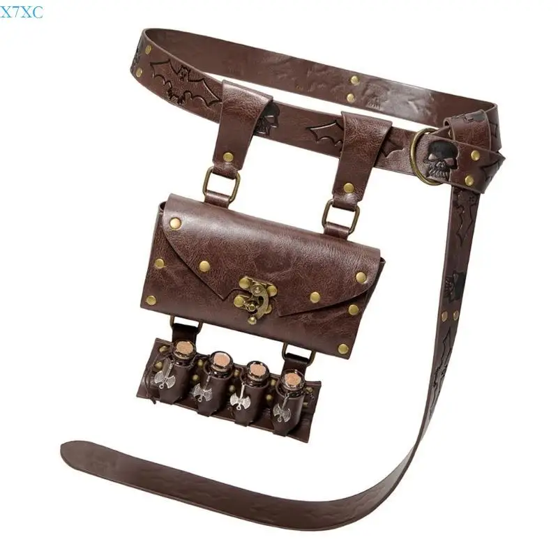 

X7XC Renaissances Waist Bag with 4 Cork Potion Bottle for Medieval Role Play Costume