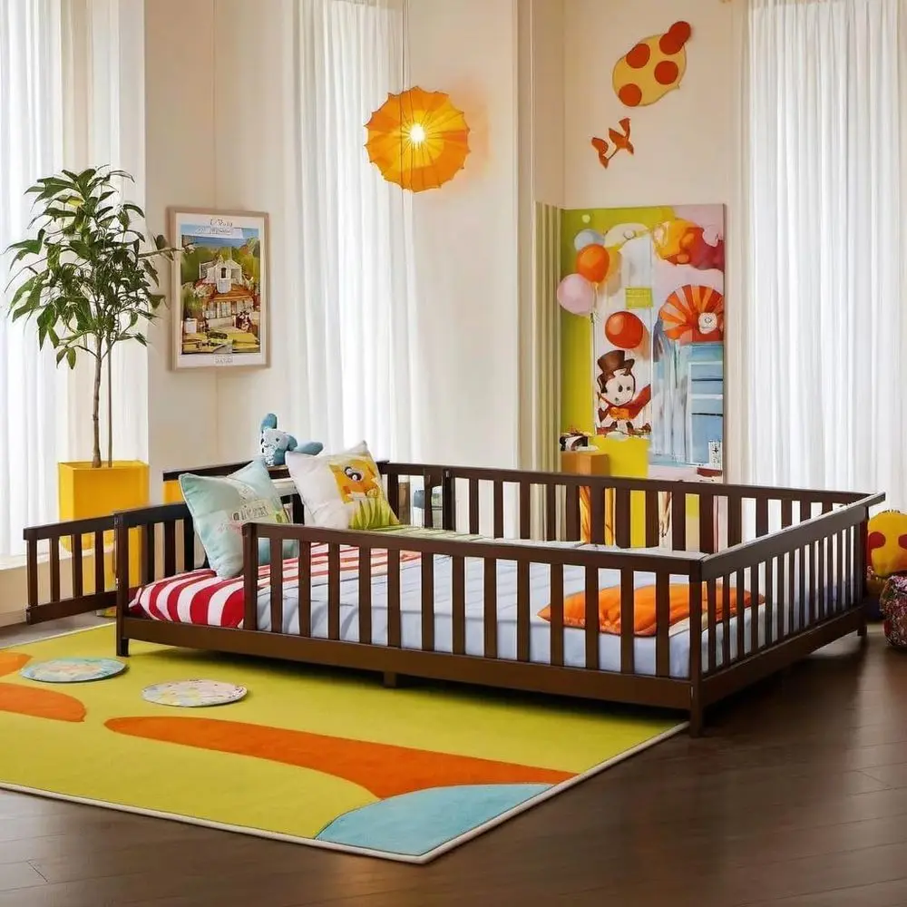 PVWIIK Queen Size loor Bed with ence and Door,Easy to Assemble Wood Bedstead,Platorm Bed w/Saety Guardrails/Near The Ground,