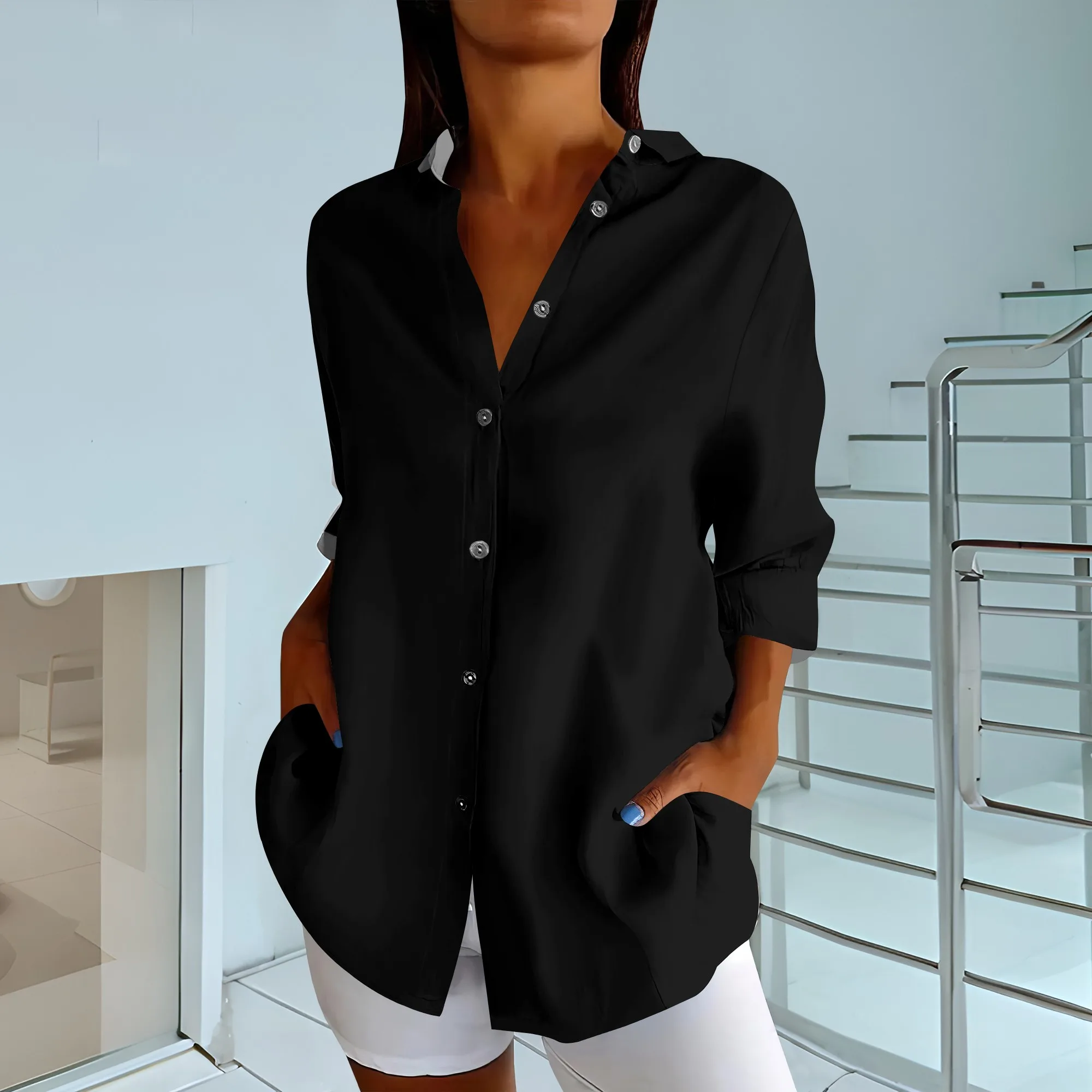 

Women Button Down Shirts Long Sleeve Chiffon Office V Neck Casual Business Blouses Tops