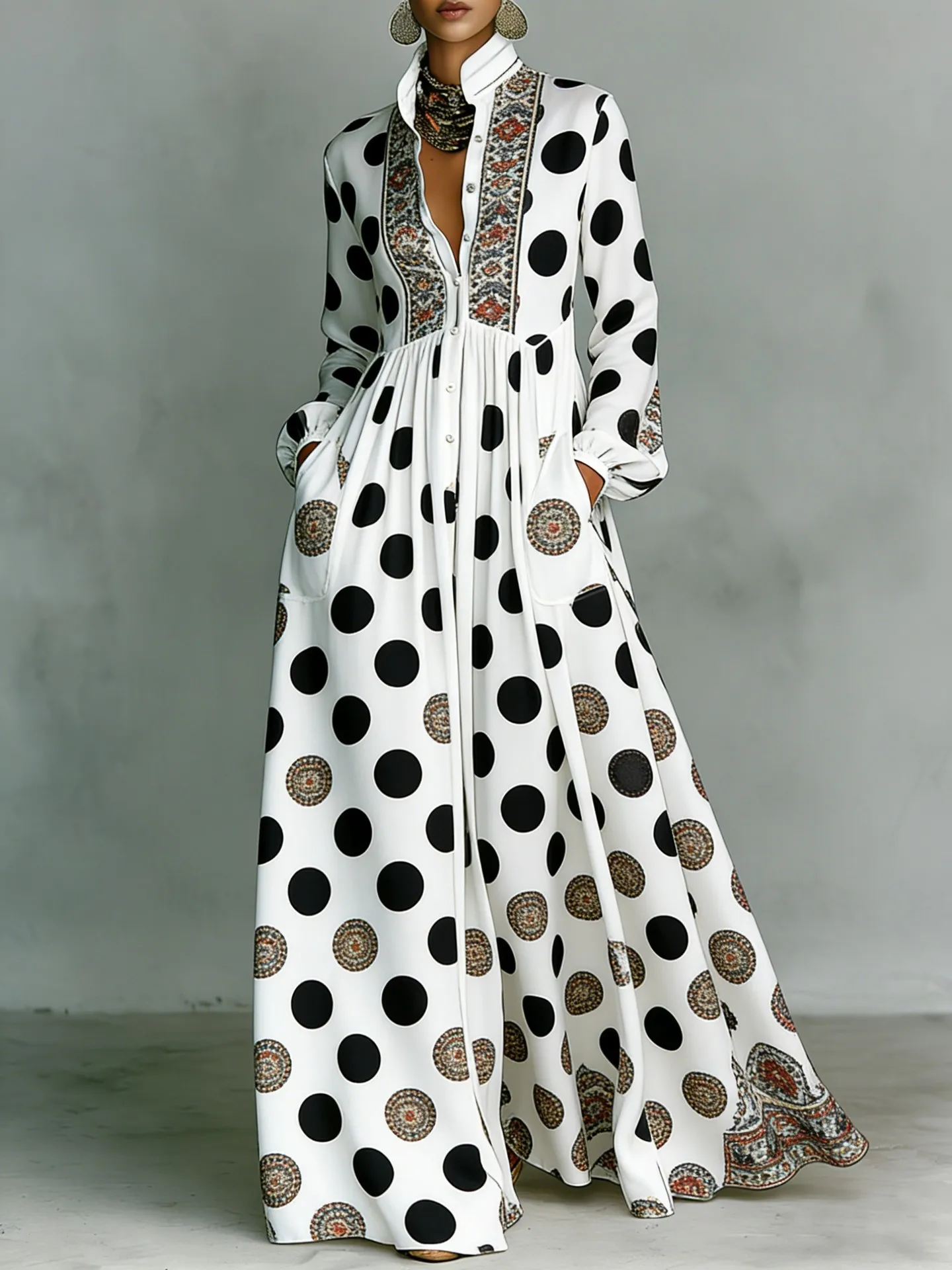 Damen Vintage Polka Dot Ethnisch Bedrucktes Hemdkleid 2026 Neu Langarm Stehkragen Elegantes Abend-Maxikleid
