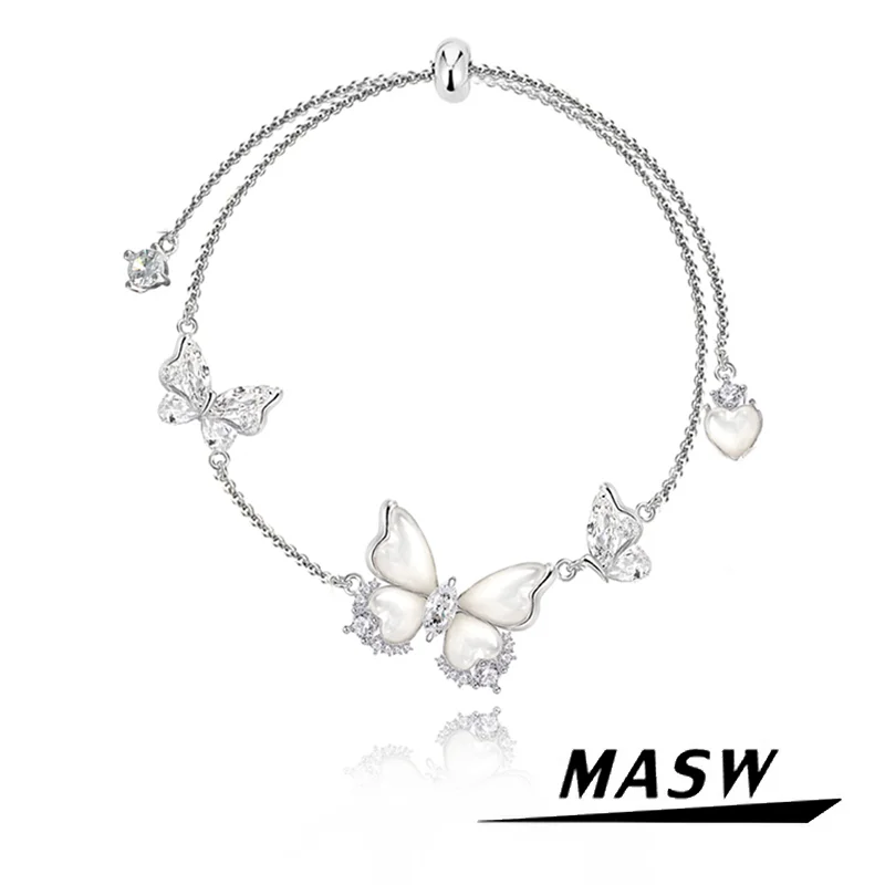 

MASW Original Design Zircon Shell Dancing Butterfly Bracelet For Women Girl Party Wedding Gift Sweet Jewelry Adjustable Chain