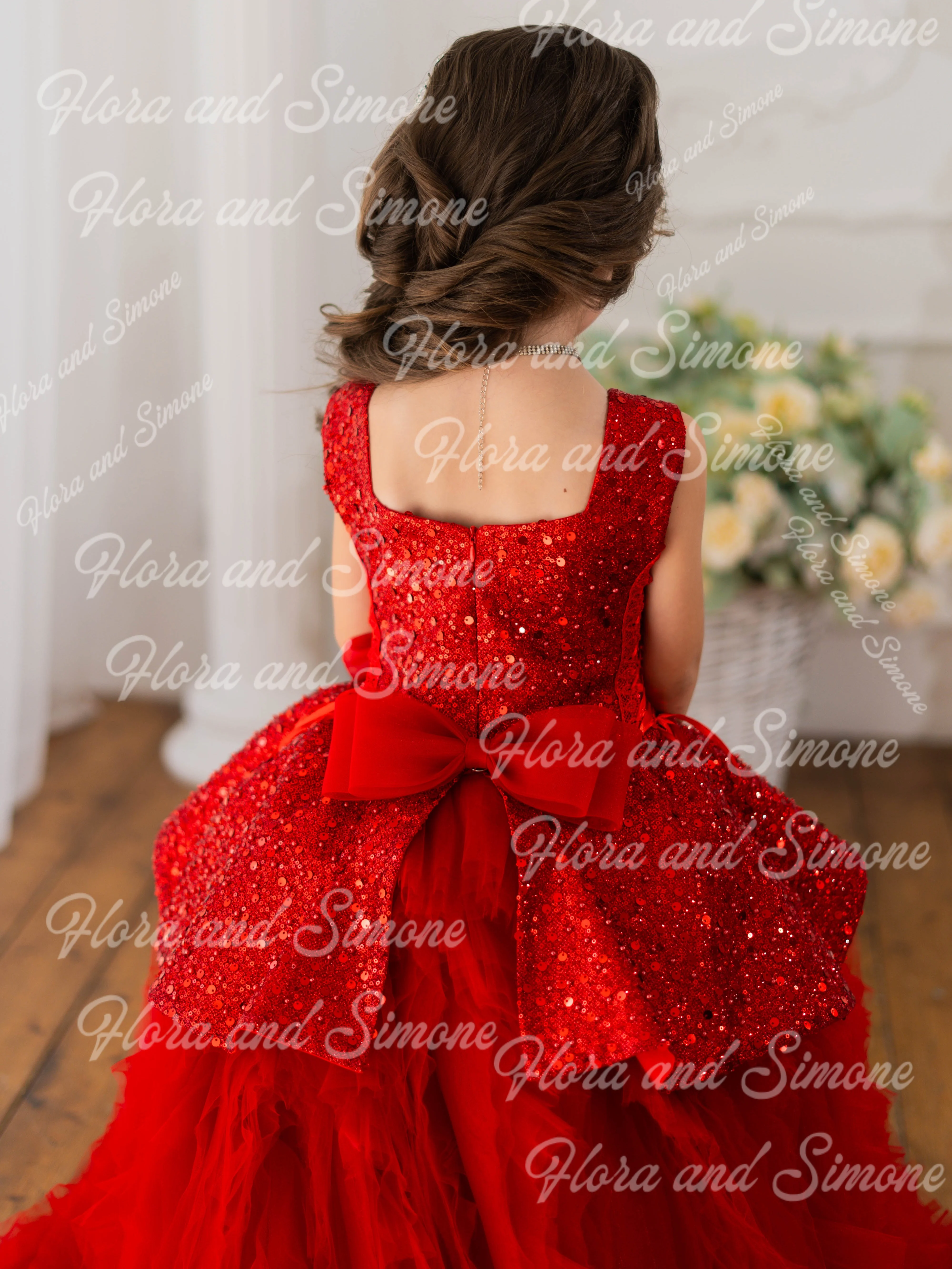 Vestido personalizado de lentejuelas sin mangas con lazo y hombros descubiertos para niña, vestido de cumpleaños, actuaciones de baile, fiestas, celebraciones navideñas