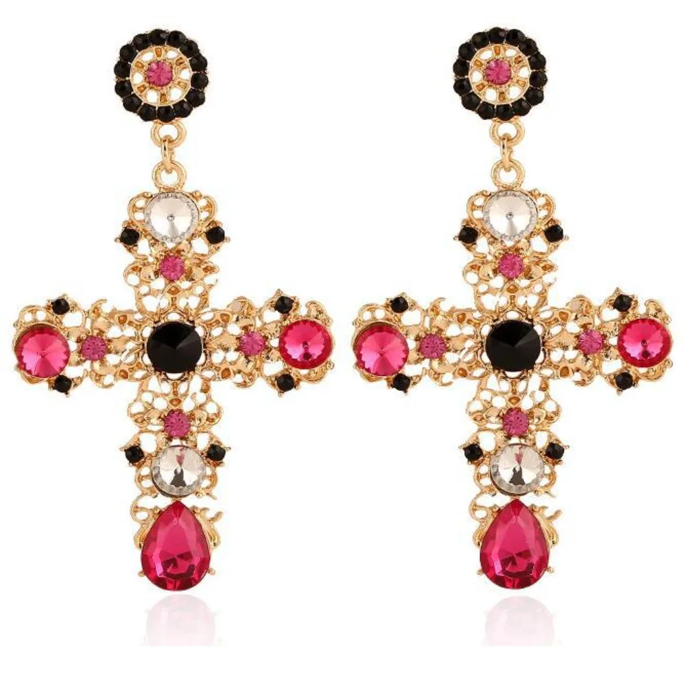 Colorful Vintage Cross Earrings New Alloy Large Handmade Earrings Cross Shape Simulated Gem Earrings