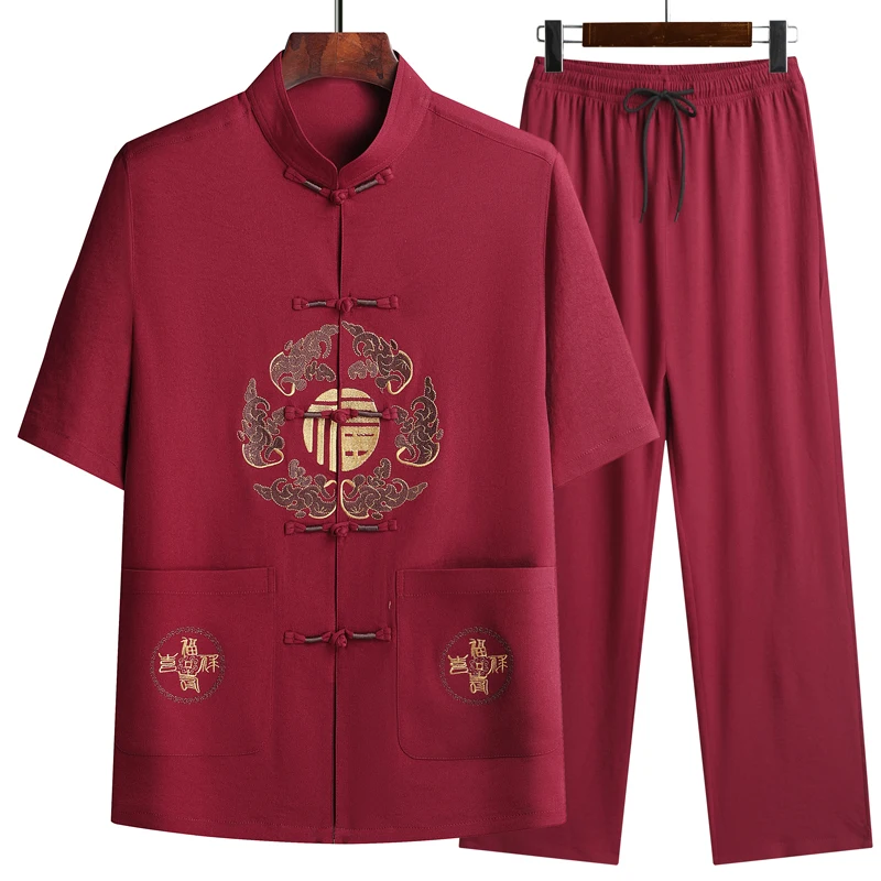 Conjunto de traje Tang de manga corta para hombre, pantalón largo, bordado de dragón tradicional, Kung Fu, seda satinada, Wu Shu, Tai Chi, nuevo