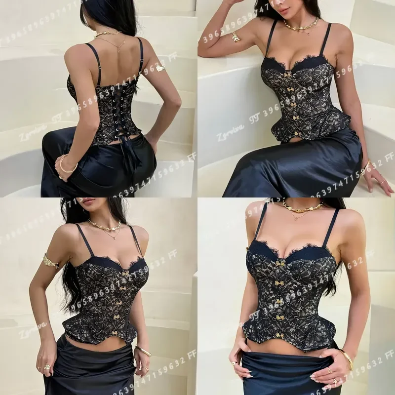 Women Black Floral Lace Corset Cami Top Eyelash Trim Gold Frog Buttons Back Lace Up Slim Fit Bustier Sleeveless Tank Top