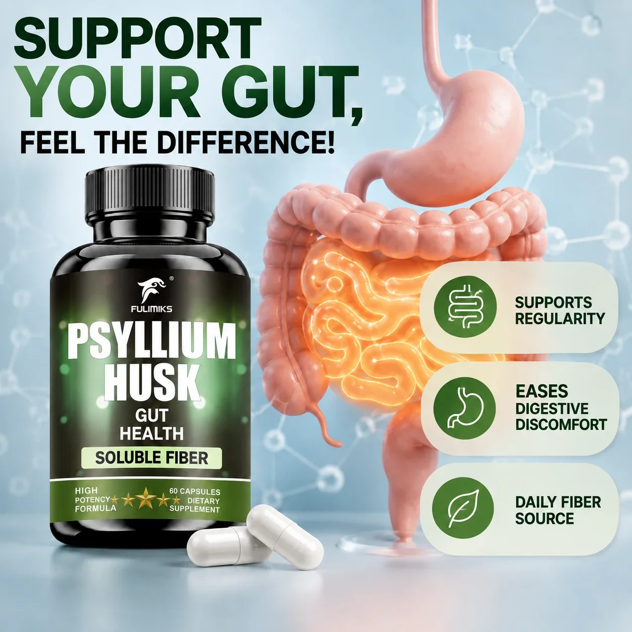 Psyllium Husk Capsules, with Natural Soluble Fiber, Support Heart & Blood Sugar, Gut, Circulation, Digestive Health, Antioxidant