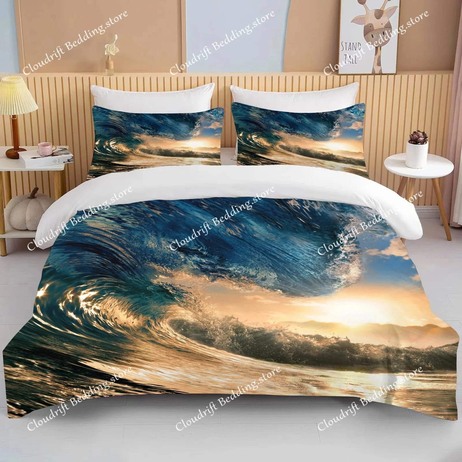 

Комплект постельного белья Ocean: пододеяльник с морским узором, синие морские звезды, ракушки. Детский/подростковый комплект для дома. Летний текстиль.