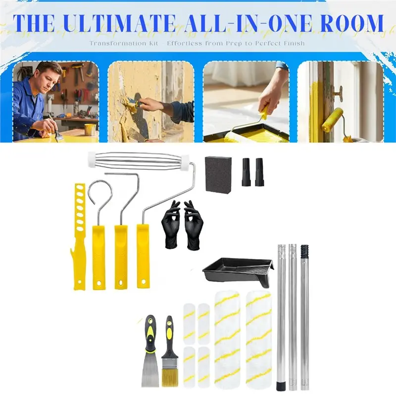 AB34-Professional Paint Roller Set- Includes Extension Pole, Perfect For Interior Wall, Ceiling, Trim Painting& DIY Projects