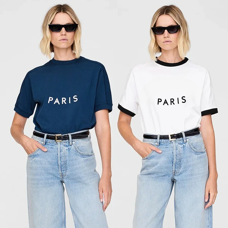 

2025 Summer New North American Niche AB Front Letter Felt Patch Embroidery Patch Cotton Women's Short Sleeve T-Shirt