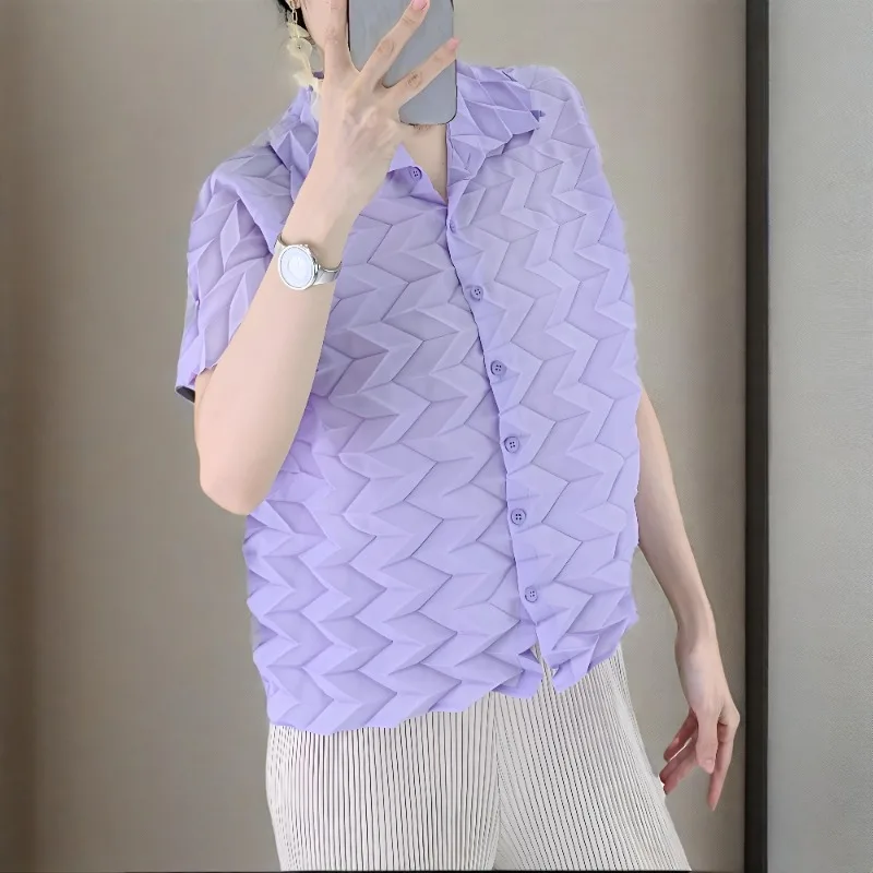 

Miyake Pleated Shirt 2025 Summer Short Sleeve Shirt Women Handmade Pleat Loose Shirt Casual Peplum Solid Color Women's Clothing