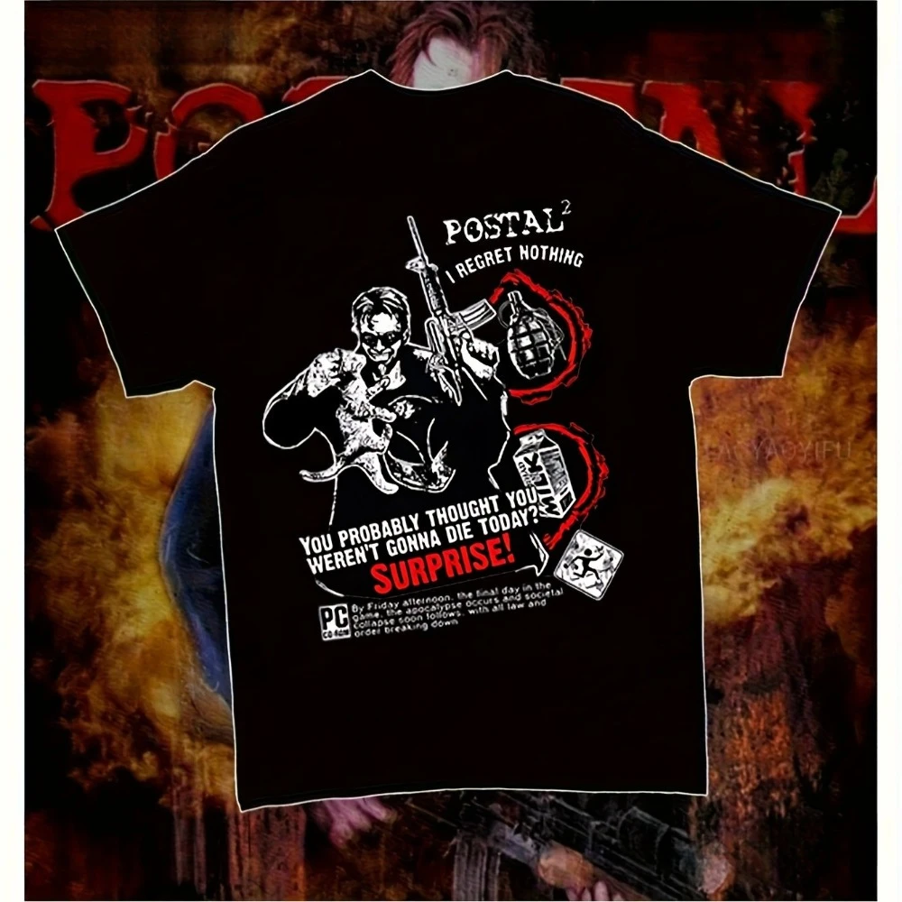 تي شيرت Postal Dude Humorous Action Graphic تي شيرت أسود لألعاب الفيديو مع قميص برقبة دائرية لأسلحة Postal Dude