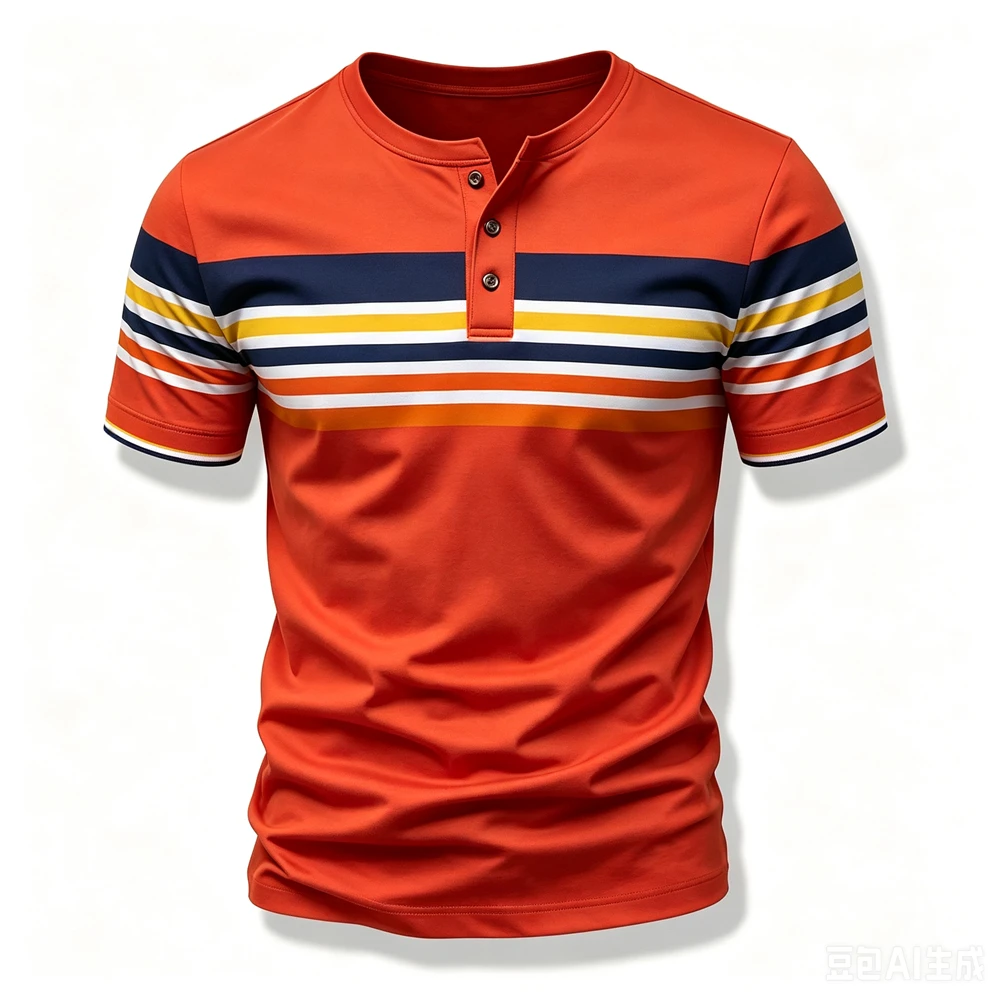 Fashion Henry Collar Short Sleeve Tees Casual Simple Men's Henry T shirt Funny Stripes Print Button Tops Summer Street Clothing view 5
