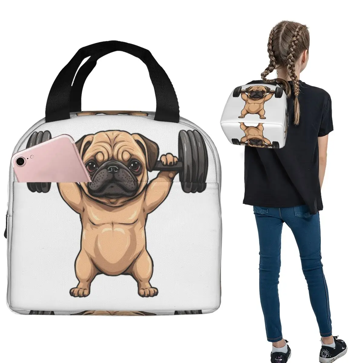 Pug Dog Weight Lifting Exercise Fitness Gym Workout Insulated Lunch Bag for Women Children Food Boxes Thermal Lunch Box Tote