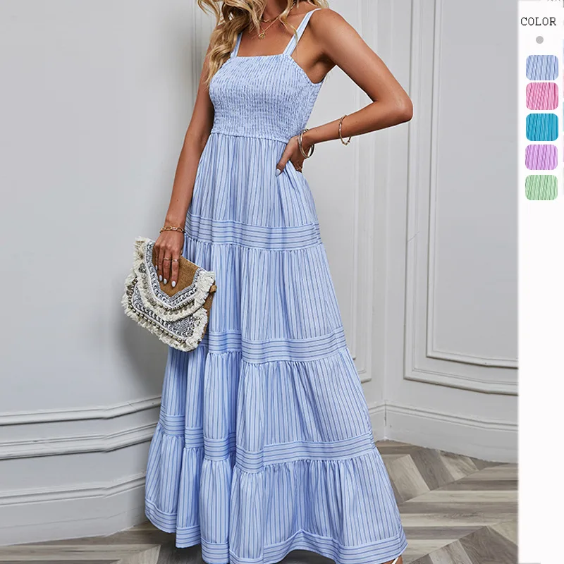 2024 Summer New Women's Sling Waist Stripe Holiday Dress Ladies Solid Color Stacked Ruffle Edge Casual Long Dresses