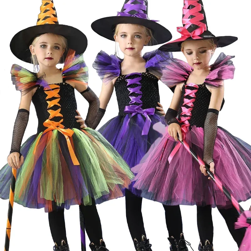 Girls Halloween Witch Cosplay Costume, vestido Tutu infantil, manga puff, vestido de tule, chapéu vassouro, perneiras, vestidos extravagantes para crianças