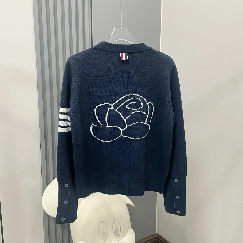 

Women's TB Fall/Winter College Style Crewneck Cardigan Short Knitted Sweater with Four Bar Back Flower Design Casual Coat