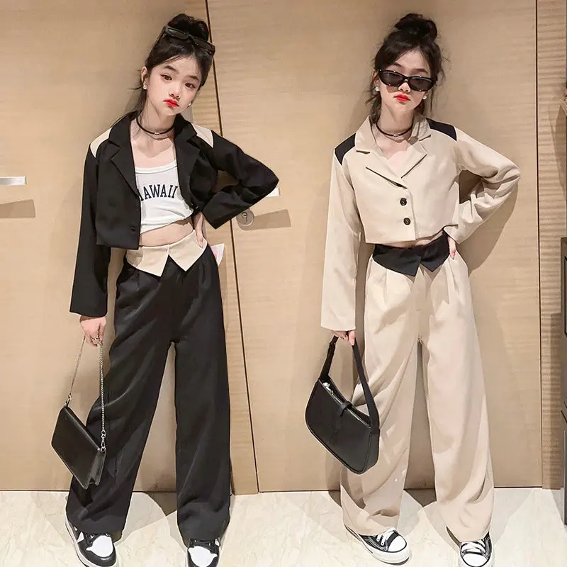 Teen Girls Suit Patchwork Blazer Jacket Wied Leg Pants Two Pieces Kids School Clothes Set Autumn Fashion Children Costumes