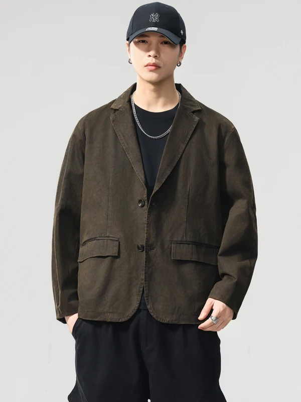 

Retro American Style Men's Casual Suit Jacket Flat Collar Vintage Washed Loose Commute Autumn Winter New Arrival Cotton 100%