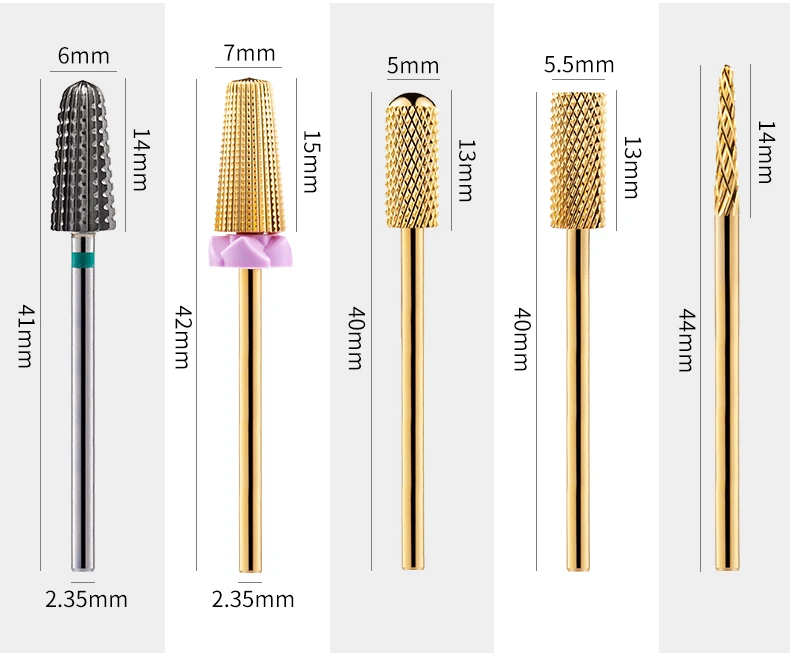 5-in-1-Wolframkarbid-Nagelbohrer, Fräser zum Entfernen von Nagellack, UV-Gel, konisch, Sicherheits-Endschnitt, Maniküre-Werkzeuge, golden – Detail 14
