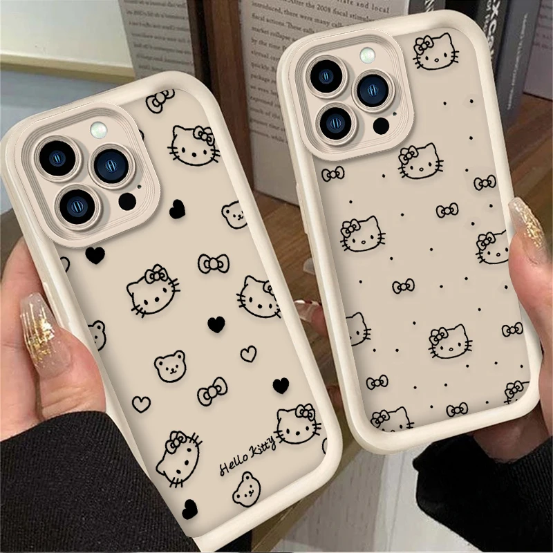 Black Love Heart Hello Kitty Case For iPhone 16 15 14 13 12 11 Pro Max X XS X S Max XR SE 2020 7 8 Plus Silicone Shockproof Etui