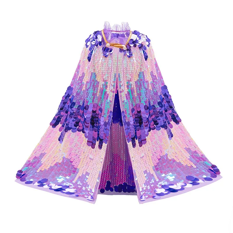 Girls Sequin Princess Cape Cloak Cartoon Princess Glitter Shawl Kids Halloween Costume Birthday Party Dress‑up Accessory A6152