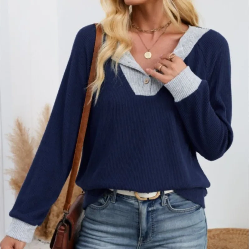 Nouveaux chemisiers pour femmes T-shirt printemps automne mode contraste couleur faux deux pièces couture POPL revers décontracté ample à manches longues hauts