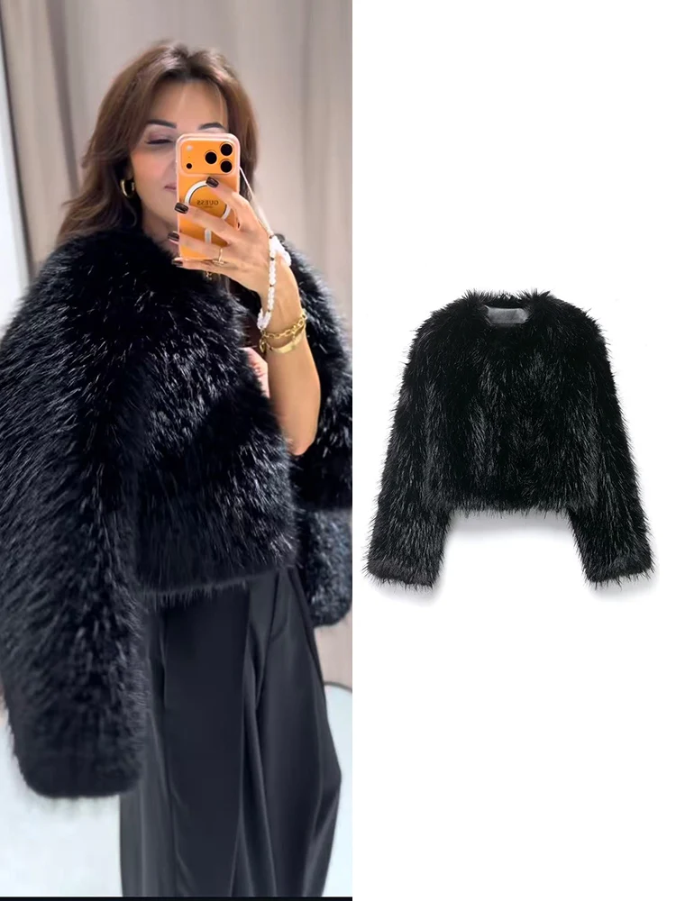 

TFMLN винтажная женская меховая куртка с круглым воротником, свободная легкая роскошная верхняя одежда из искусственного меха, зимняя удобная теплая меховая куртка женская