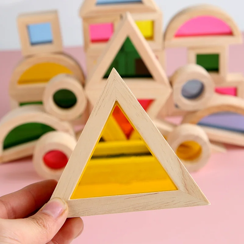 Rainbow Blocks Transparent Acrylic Stacking Toys Solid Rubber Wood Wooden Building Stacker Montessori Toys for Kids Children