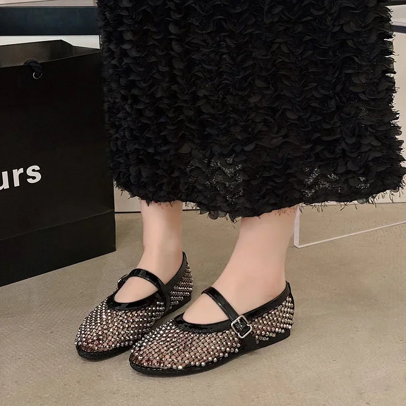 Luxury Crystal Rhinestone Fishnet Ballet Flats Woman Brand Design Rivet Studs Mesh Mary Jane Shoes Ladies Summer Cut Out Loafers