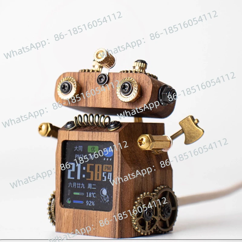 

Smart Weather Forecast Clock Ornament Punk Robot Technology Table with Color Screen Electronic Stock Album Wooden Gift