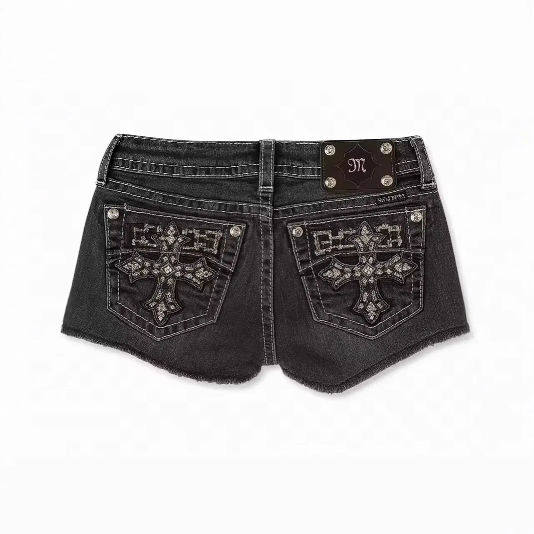 Y2K Individual Gothic Art Pattern Embroidery Decoration Low-waist Mini Denim Shorts Women's Sexy Slim and Versatile Short Skirt