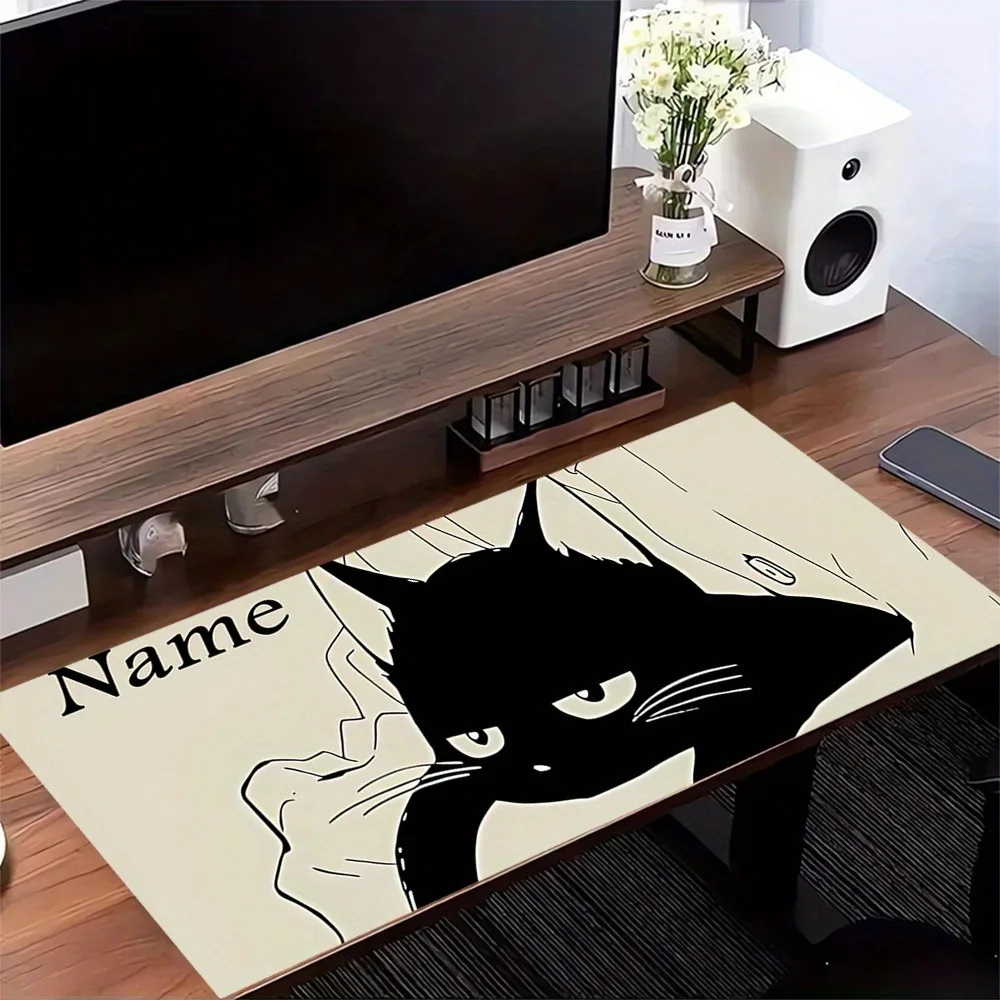 Cute Cat Outline Personalized Desk Mat With Custom Name, 2mm Soft Anti-Slip Rubber Pad, Smooth For Laptop PC