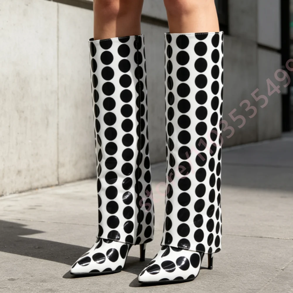 Women Black White Polka Dot Knee High Boots 2026 Pointed Toe Stiletto Heel Fold‑Over Wide Calf Fashion Party Evening Dress Boots